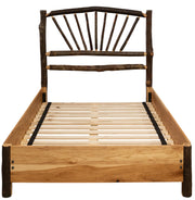 Front view of the Sharkstooth Peak Hickory Sunburst Bed with Rail System
