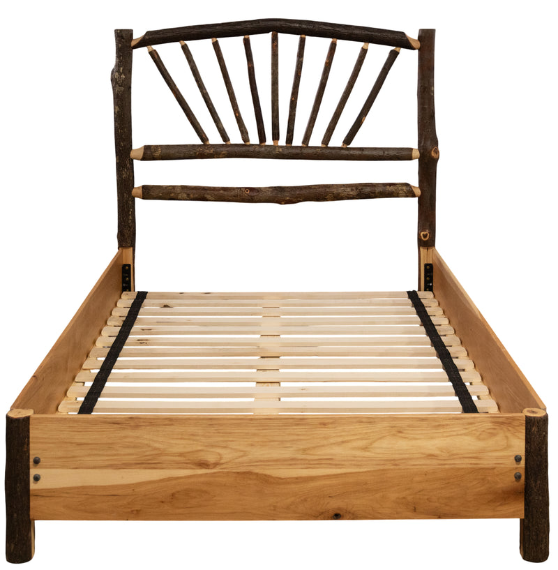 Front view of the Sharkstooth Peak Hickory Sunburst Bed with Rail System