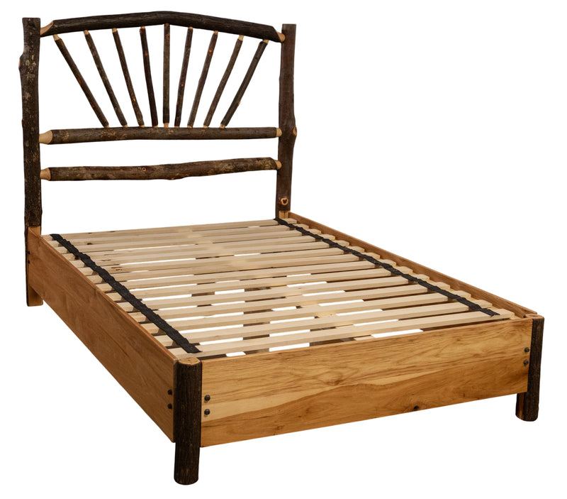 Second angled view of the Sharkstooth Peak Hickory Sunburst Bed with Rail System showing the rail system and slats