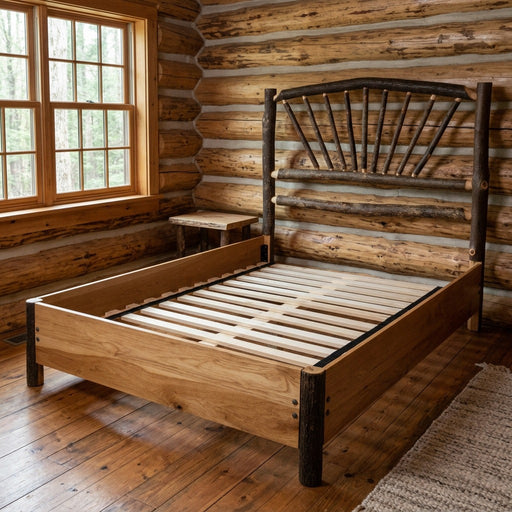 Sharkstooth Peak Hickory Sunburst Bed with Rail System staged in a sunlit log cabin bedroom