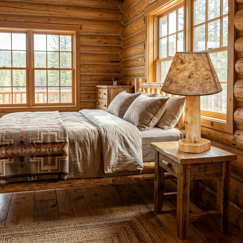Sheep Mountain Cedar Log Table Lamp staged in a sunlit log cabin bedroom