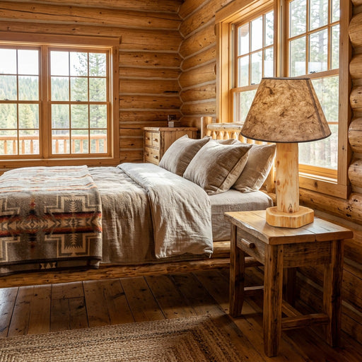 Sheep Mountain Cedar Log Table Lamp staged in a sunlit log cabin bedroom