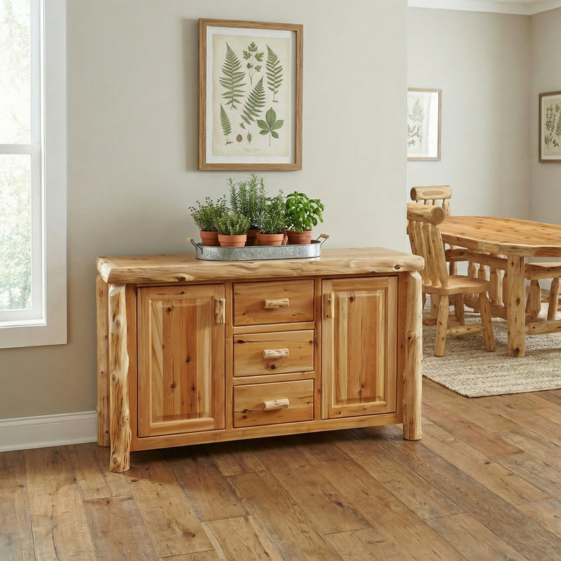 Shipler Mountain Cedar Log Sideboard in a rustic cabin dining room