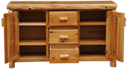 Front view of the Shipler Mountain Cedar Log Sideboard with doors open showing interior shelves