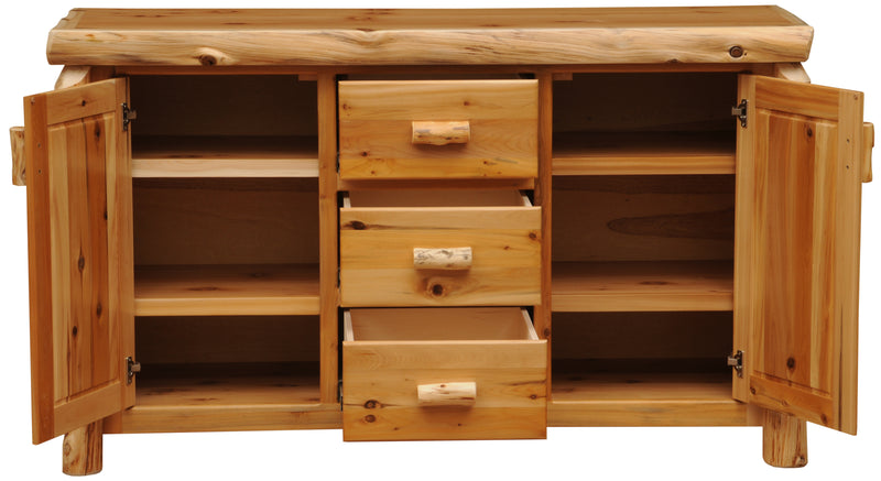 Front view of the Shipler Mountain Cedar Log Sideboard with doors open showing interior shelves