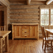 Shipler Mountain Cedar Log Sideboard staged in a sunlit log cabin dining room
