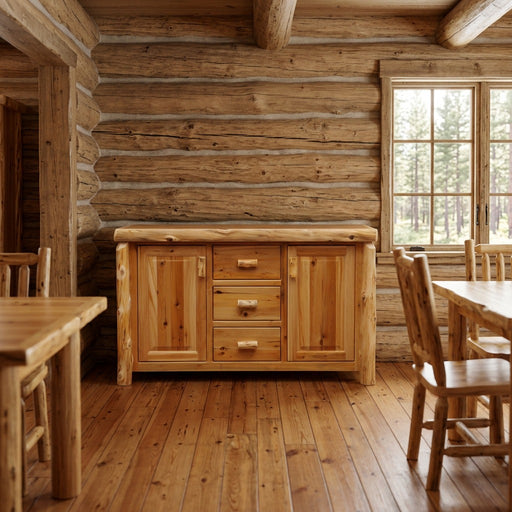 Shipler Mountain Cedar Log Sideboard staged in a sunlit log cabin dining room