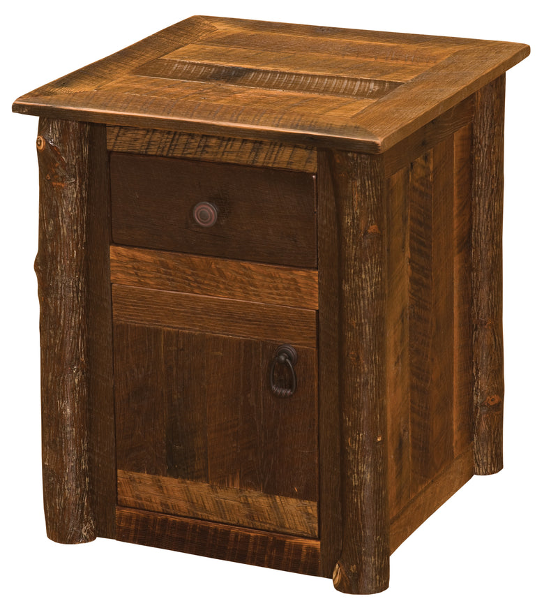 Angled view of the Shoshoni Peak Barnwood and Hickory Enclosed End Table showing the drawer, cabinet door, and hickory posts