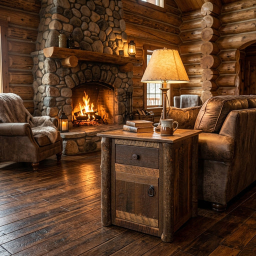 Shoshoni Peak barnwood and hickory enclosed end table staged with a lamp beside a leather sofa in a log cabin
