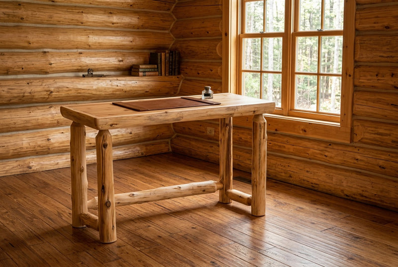 Signal Peak Cedar Log Simple Writing Desk staged in a sunlit log cabin home office