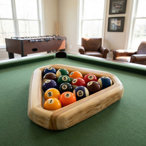 Silver Mountain Cedar Log Pool Triangle on a pool table in a rustic game room