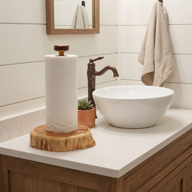Freestanding Sleeping Sexton Cedar Log Paper Towel Holder on a kitchen counter
