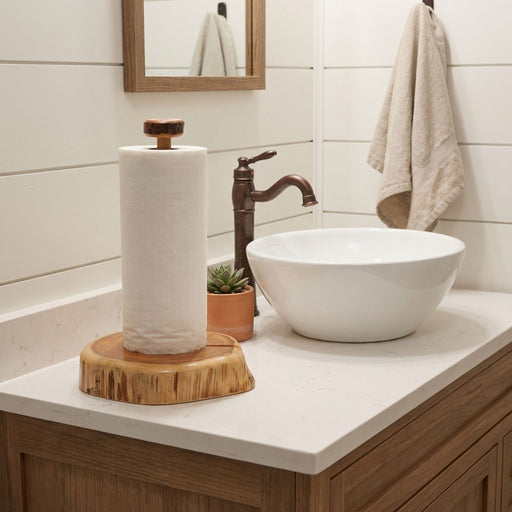 Freestanding Sleeping Sexton Cedar Log Paper Towel Holder on a kitchen counter