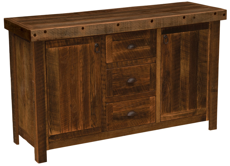 Angled view of the Snowdon Peak Reclaimed Barnwood Sideboard with the Artisan Top