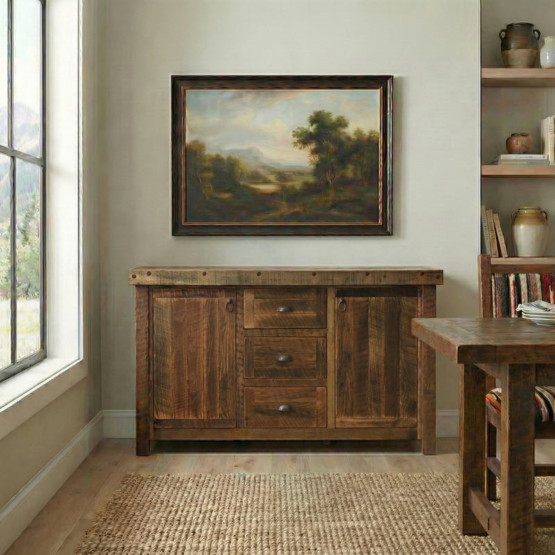 Snowdon Peak Reclaimed Barnwood Sideboard with an Artisan Top in a bright dining room