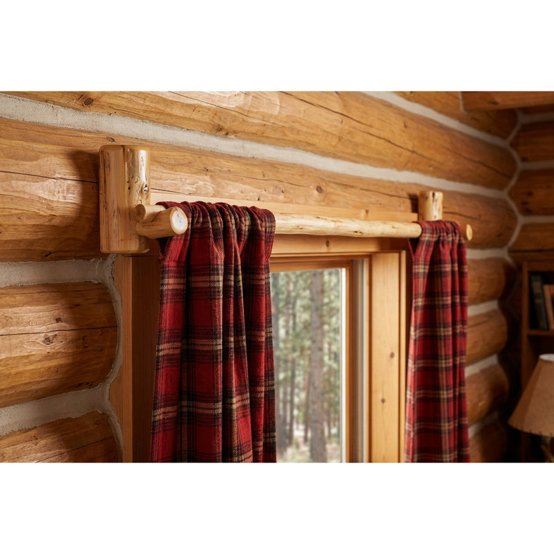 Pair of Snowdrift Peak Cedar Log Curtain Brackets holding a log curtain rod above a cabin window (rod and curtains not included)