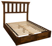 Angled view of the Snowmass Mountain Barnwood Post Platform Bed showing the mission-style slatted headboard and barnwood platform