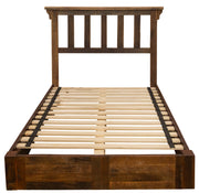 Front view of the Snowmass Mountain Barnwood Post Platform Bed with slatted reclaimed oak headboard and slat deck
