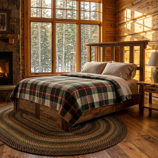Snowmass Mountain Barnwood Post Platform Bed staged with a plaid wool blanket in a log cabin bedroom with a forest view and braided rug
