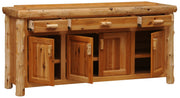 South Boulder Peak Cedar Log Four Door Buffet with doors open showing interior shelves