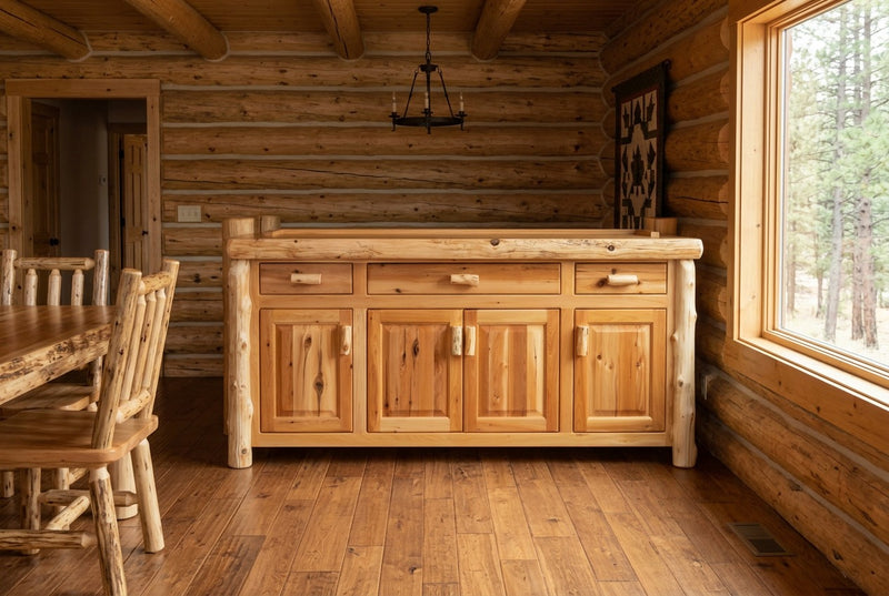 South Boulder Peak Cedar Log Four Door Buffet staged in a sunlit log cabin dining room
