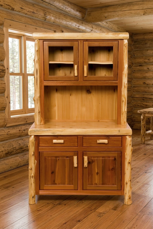 Spanish Peaks Cedar Log Buffet and Hutch staged in a sunlit log cabin dining room