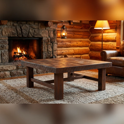 Specimen Mountain reclaimed barnwood Americana coffee table staged by a stone fireplace in a log cabin