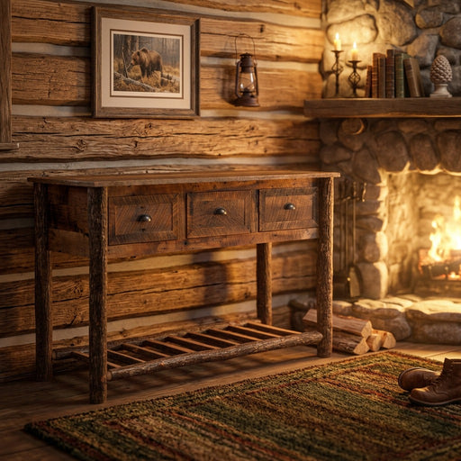 Sprague Mountain barnwood and hickory three drawer console table staged by a fireplace in a log cabin