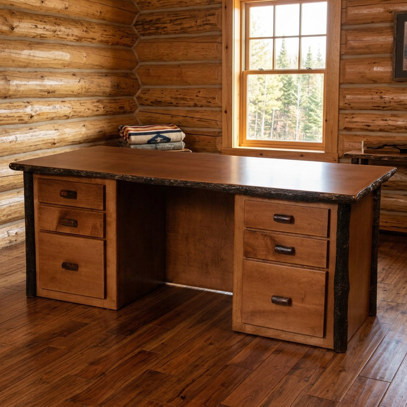 Spread Eagle Peak Hickory Log Executive Desk staged in a sunlit log cabin home office