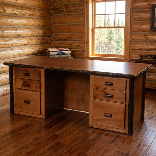 Spread Eagle Peak Hickory Log Executive Desk staged in a sunlit log cabin home office