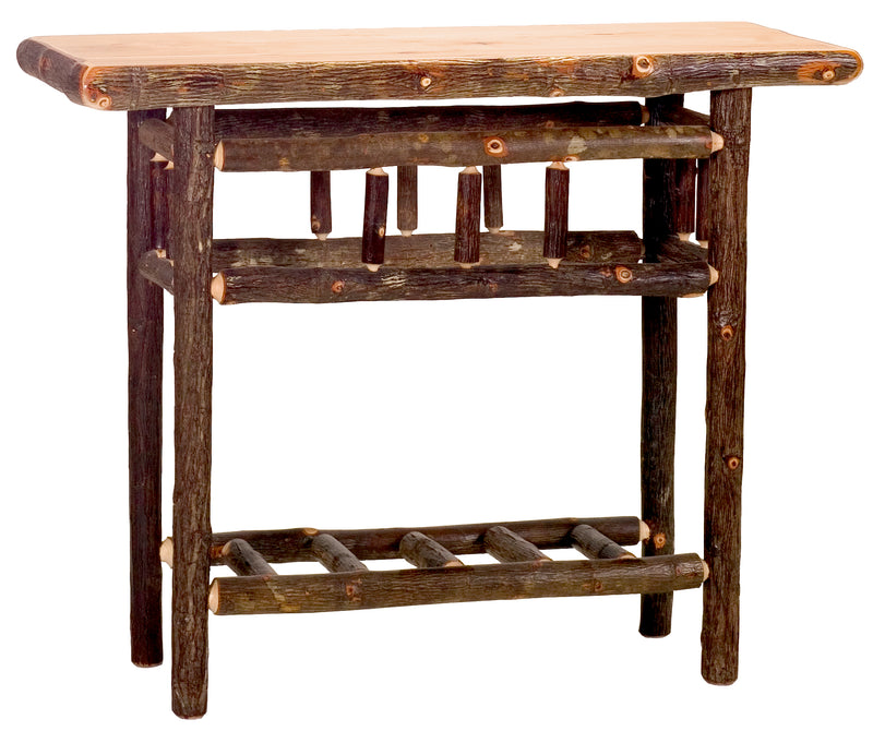 Angled view of the Square Top Mountain Hickory Log Open Sofa Table in Natural showing the hickory log legs