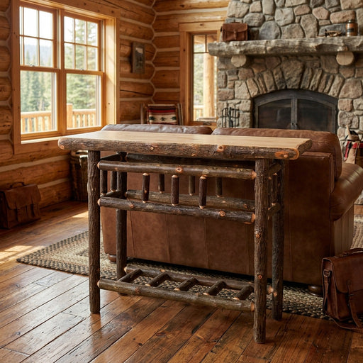 Square Top Mountain Hickory Log Open Sofa Table behind a leather sofa in a sunny log cabin living room