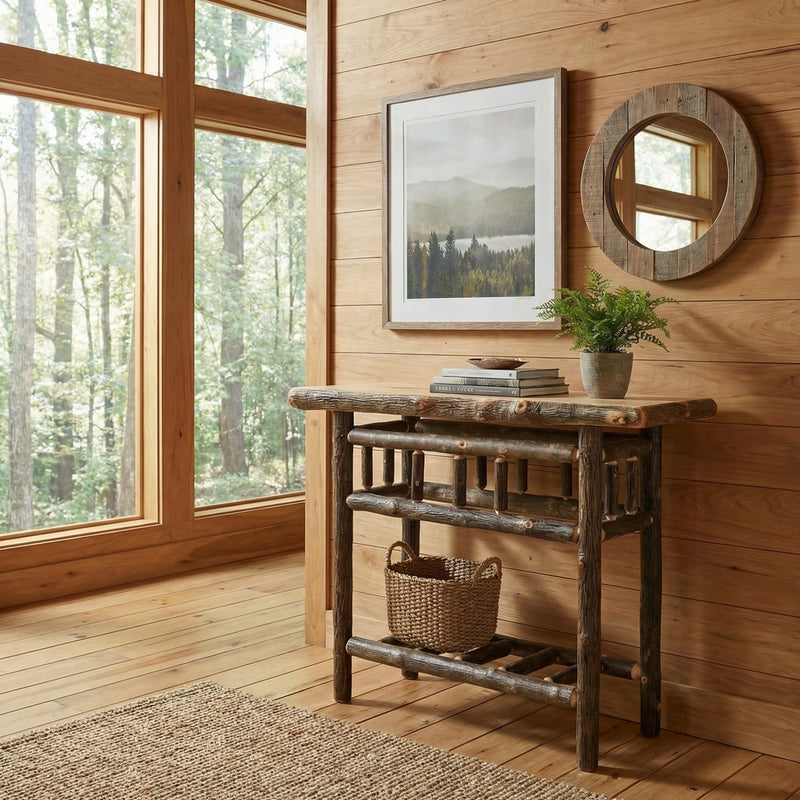 Square Top Mountain Hickory Log Open Sofa Table in Natural behind a sofa in a bright living room