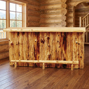 Squaretop Mountain Cedar Log Bar with Sink Cabinet staged in a sunlit log cabin game room