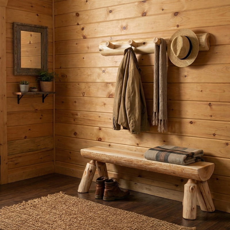 St Vrain Mountain Cedar Log Wall Coat Rack with coats and a hat in a cabin entryway