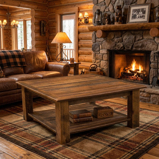 Static Peak reclaimed barnwood square shelf coffee table staged on a plaid rug in a log cabin living room