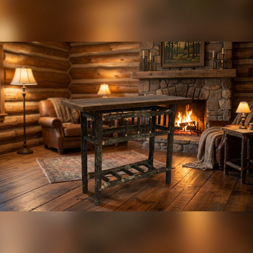 Stones Peak barnwood and hickory open sofa table staged by a stone fireplace in a log cabin living room