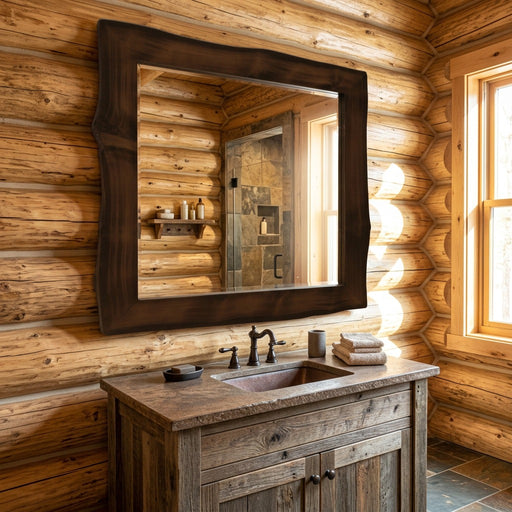 Storm King Peak Rough Hewn Cedar Log Mirror staged in a sunlit log cabin bathroom
