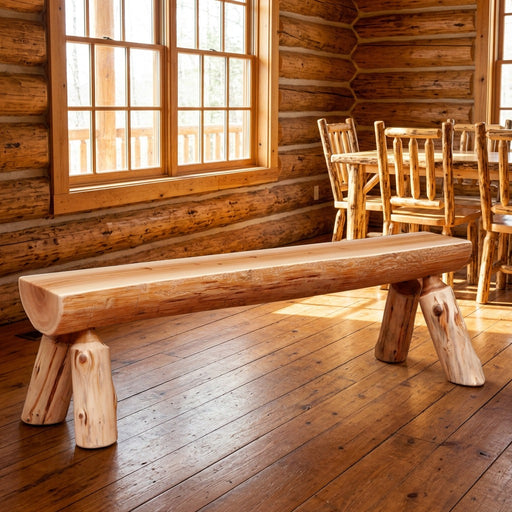 Sugarloaf Mountain Cedar Log Half-Log Bench staged in a sunlit log cabin dining room