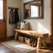 Sugarloaf Mountain Cedar Log Half-Log Bench in Natural in a bright cabin room