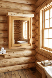 Sullivan Mountain Cedar Log Medicine Cabinet staged in a sunlit log cabin bathroom