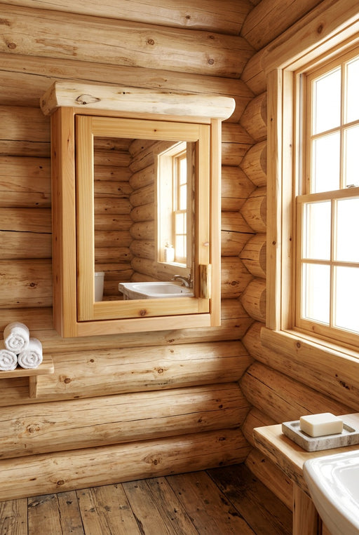 Sullivan Mountain Cedar Log Medicine Cabinet staged in a sunlit log cabin bathroom