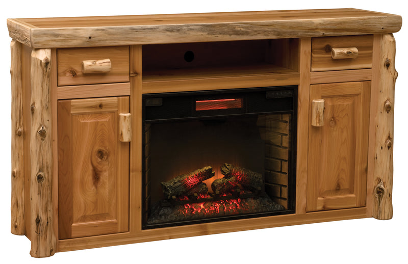 Angled view of the Sultan Mountain Cedar Log Entertainment Center with Fireplace