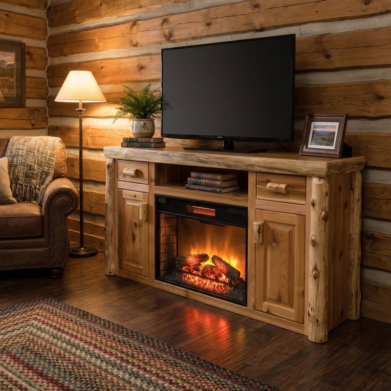 Sultan Mountain Cedar Log Entertainment Center with Fireplace in a rustic cabin living room