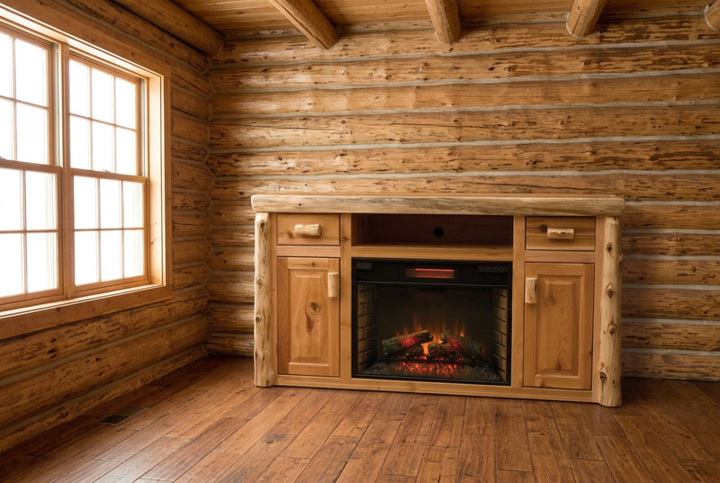 Sultan Mountain Cedar Log Entertainment Center with Fireplace staged in a sunlit log cabin living room