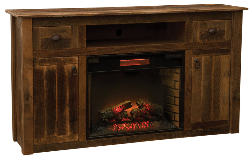 Angled view of the Sundance Mountain Reclaimed Barnwood Fireplace Entertainment Center showing the fireplace insert and side cabinets