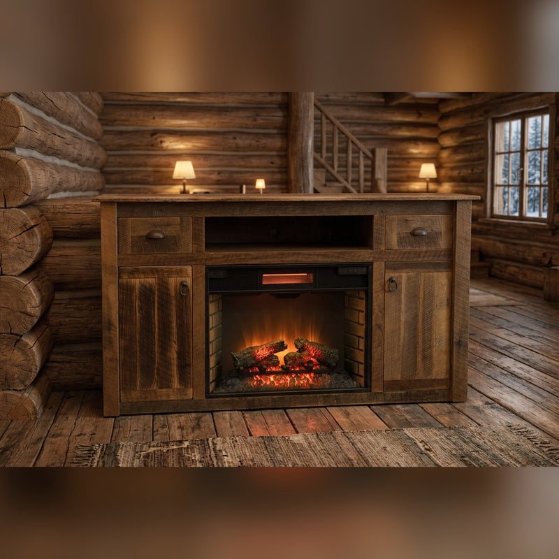 Sundance Mountain Reclaimed Barnwood Fireplace Entertainment Center with the fire lit in a log cabin living room