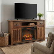 Sundance Mountain Reclaimed Barnwood Fireplace Entertainment Center with the fireplace lit below a TV in a bright living room