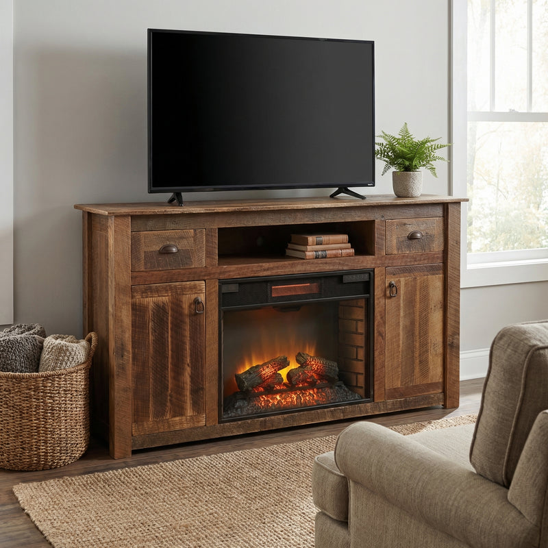 Sundance Mountain Reclaimed Barnwood Fireplace Entertainment Center with the fireplace lit below a TV in a bright living room