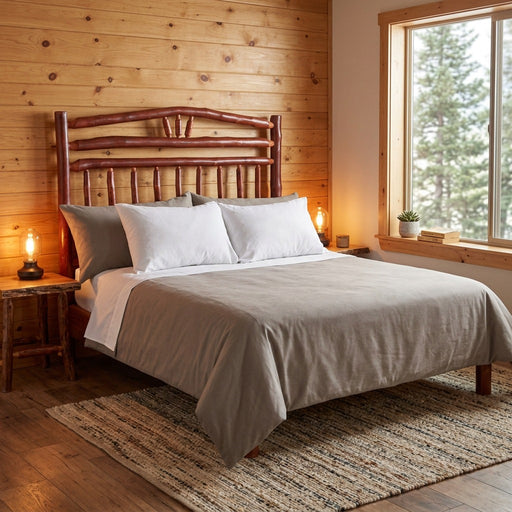 Sunlight Peak Hickory Wagon Wheel Headboard in a knotty pine cabin bedroom with candle lamps, a jute rug, and a forest window view